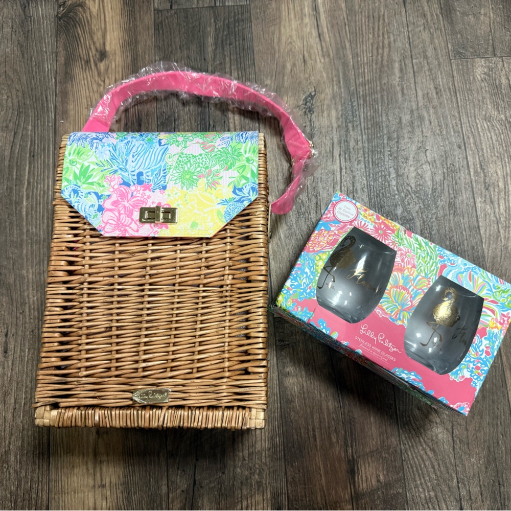 Lilly Pulitzer Wicker Picnic Basket with Pink and Blue Accents